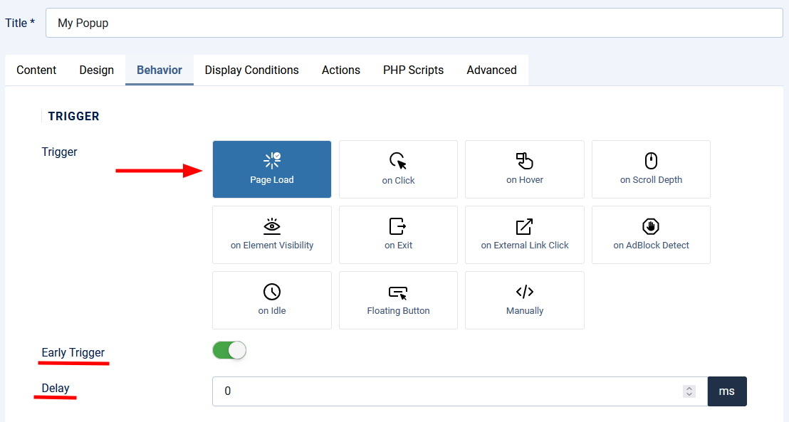 engagebox trigger on page load settings