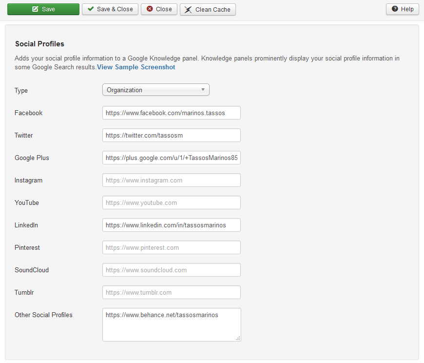 The options of Google Structured Data Markup on Joomla