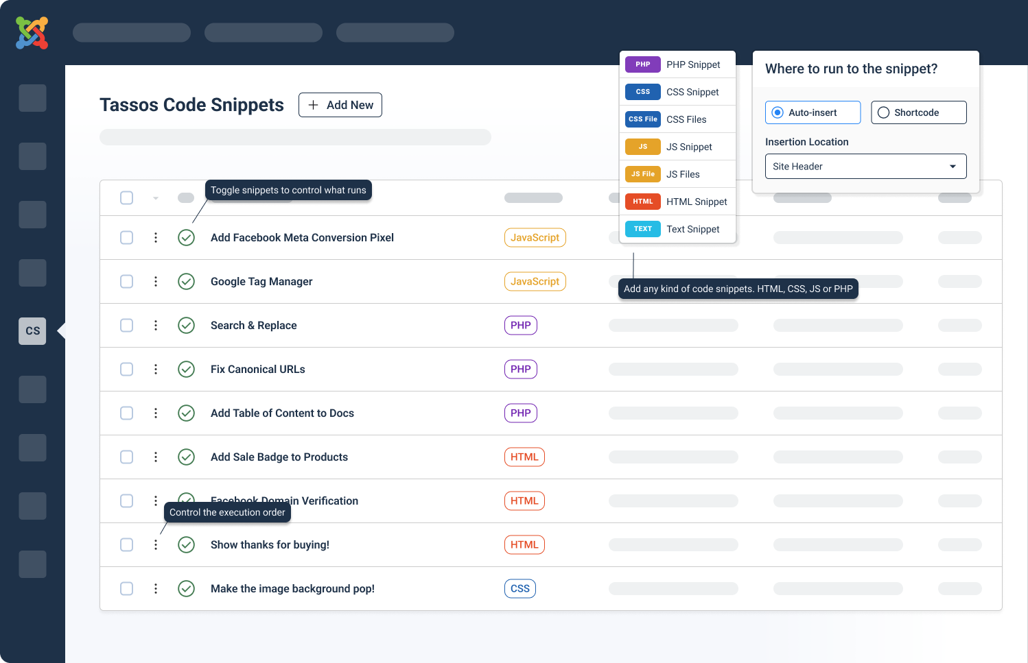 Free HTML, CSS, JavaScript, and PHP snippets. Add custom code without editing template files. Pro features available for advanced functionality.