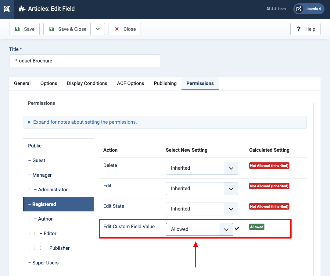 joomla custom field edit permissions