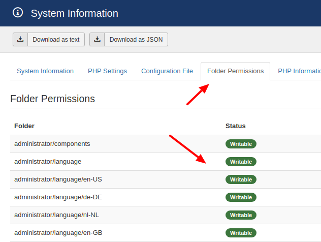 View Folder Permissions in Joomla Backend