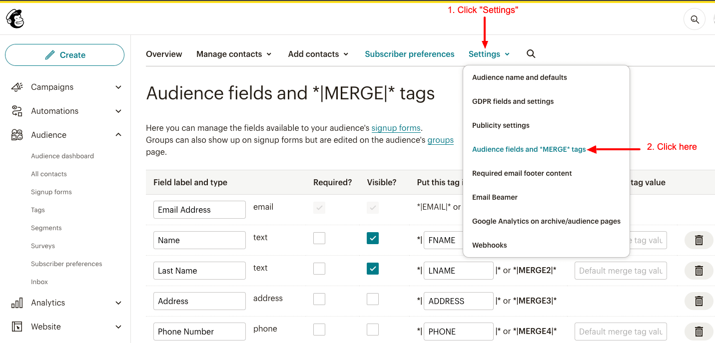 mailchimp merge tags list settings