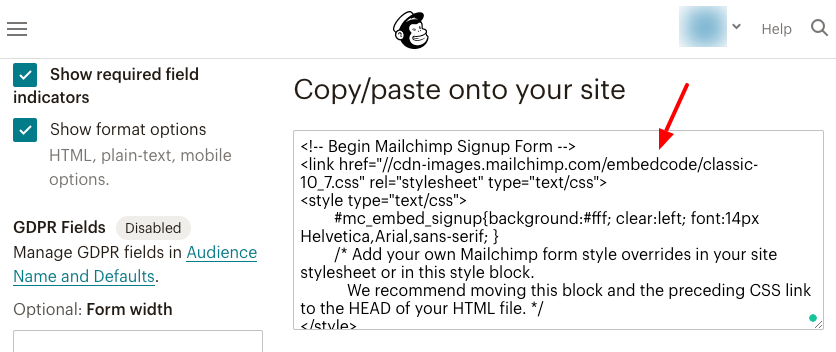 mailchimp selected embed code
