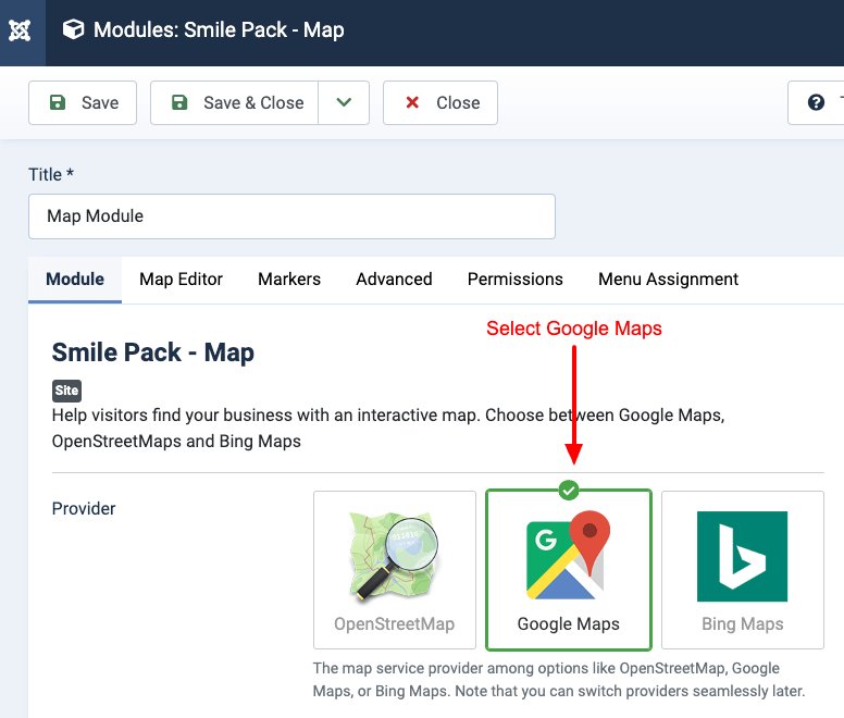 Select Smile Pack - Map Module Select Google Maps Provider
