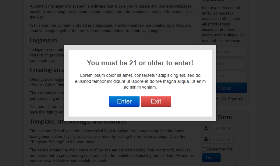 Create a Cookie Based Age Verification Popup for Joomla!